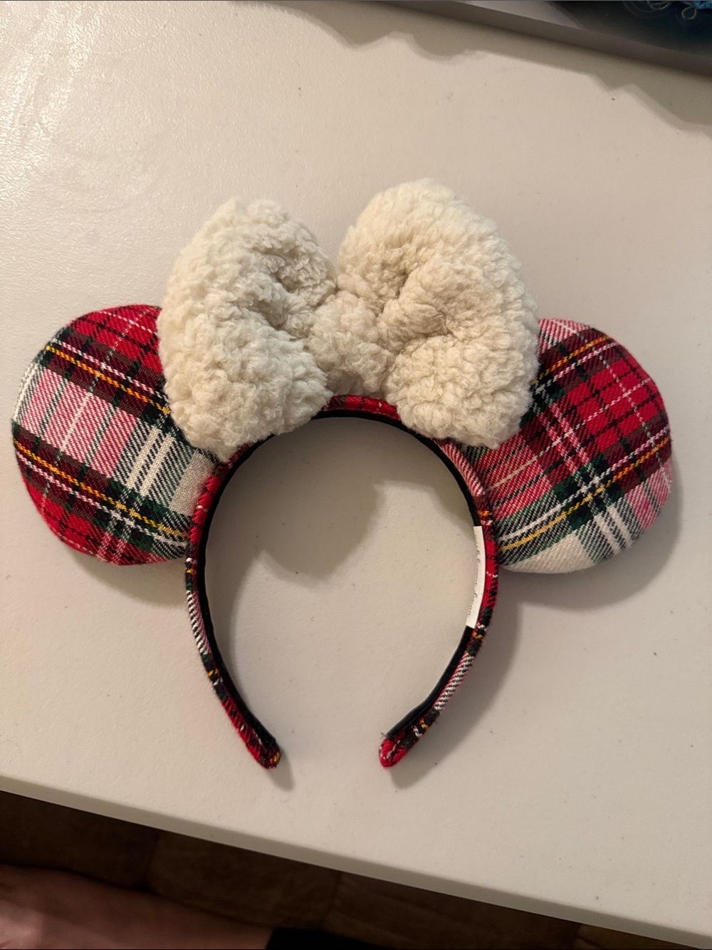 Park Hopper Design Plaid Minnie Ear Headband with Sherpa Bow